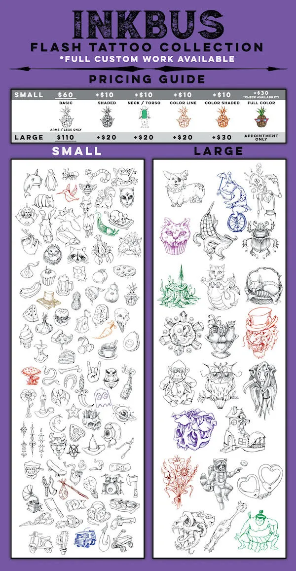 INKBUS 2023 Flash Board showing available tattoo designs